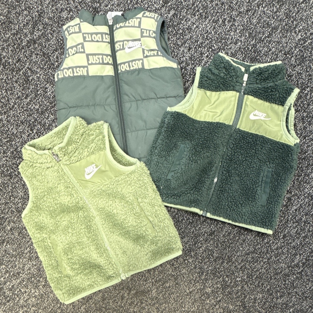 Pack of 3 Nike Green Puffer Vest 2T Full Zip Pockets Logo Sleeveless Casual